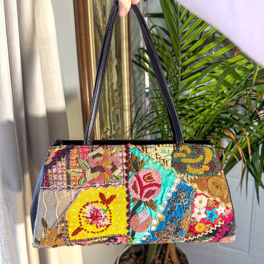 Vtg Santi Patchwork Embroidered Leather Bag Tote Boho Folk Art Multi-Color Large